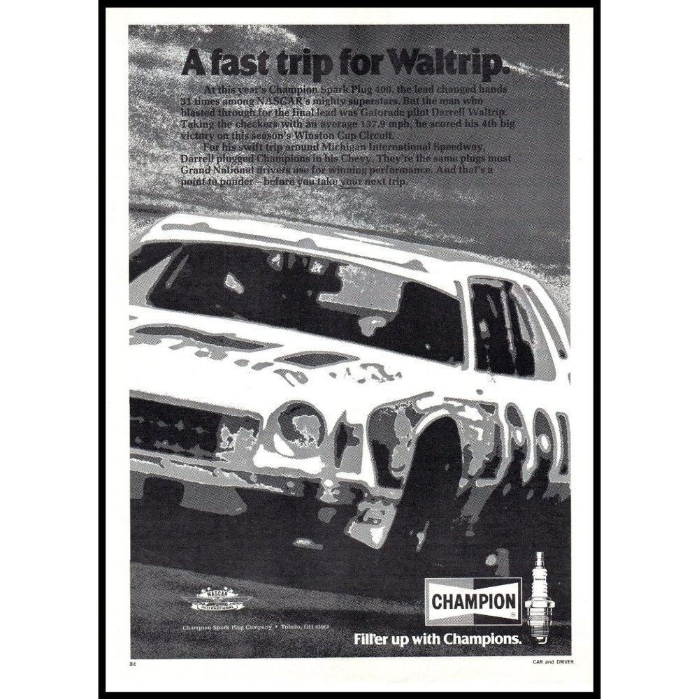 1977 Champion Spark Plugs Vintage Print Ad NASCAR Darrell Waltrip Car Wall Art